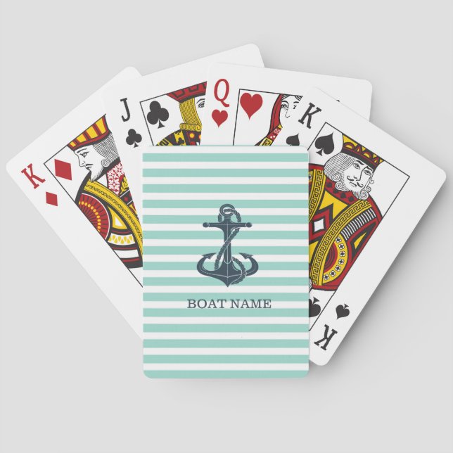Nautical,Anchor,Mint Green Stripes Poker Cards (Back)