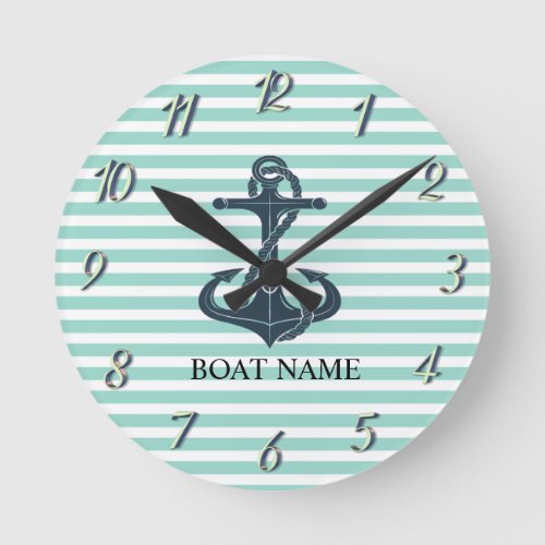 NauticalAnchorMint Green Stripes Round Clock