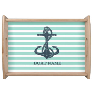 Nautical,Anchor,Mint Green Stripes Serving Tray