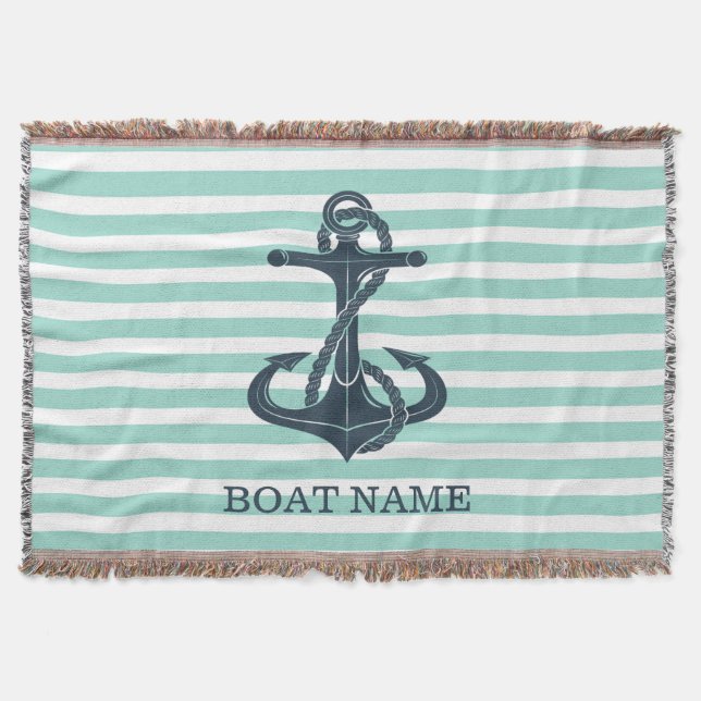 Nautical,Anchor,Mint Green Stripes Throw Blanket (Front)