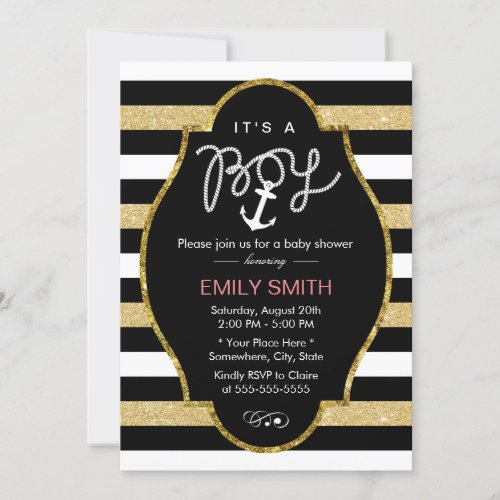 Nautical Anchor Modern Black Gold Boy Baby Shower Invitation