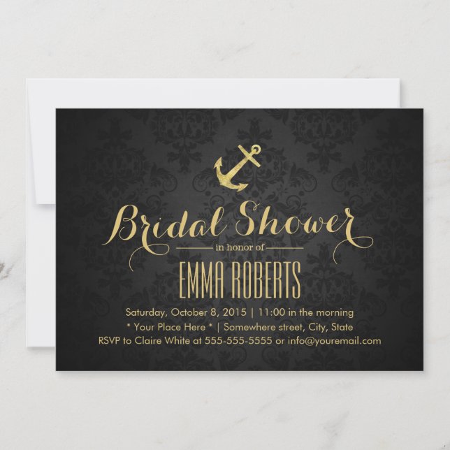 Nautical Anchor Modern Black & Gold Bridal Shower Invitation (Front)
