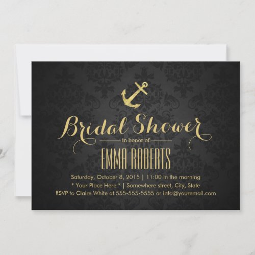 Classy Dark Damask Gold Anchor Bridal Shower 5x7 Paper Invitation Card