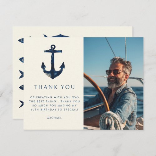 Nautical Anchor Modern Navy Blue Photo Birthday Thank You Card