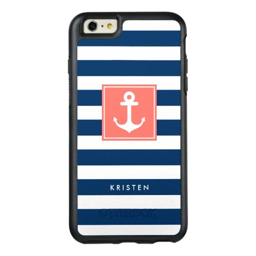 Nautical Anchor Modern Navy Stripes Monogram Name OtterBox iPhone 66s Plus Case