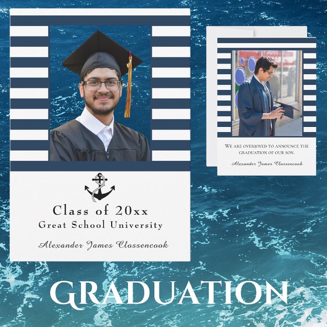 Nautical Anchor Modern Navy White stripe graduate Announcement (Creator Uploaded)