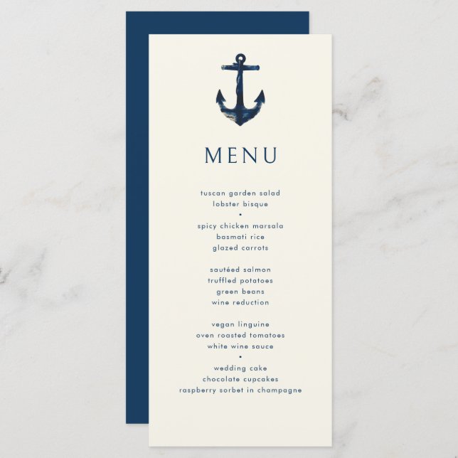 Nautical Anchor Modern Simple Navy Blue Wedding Menu (Front/Back)