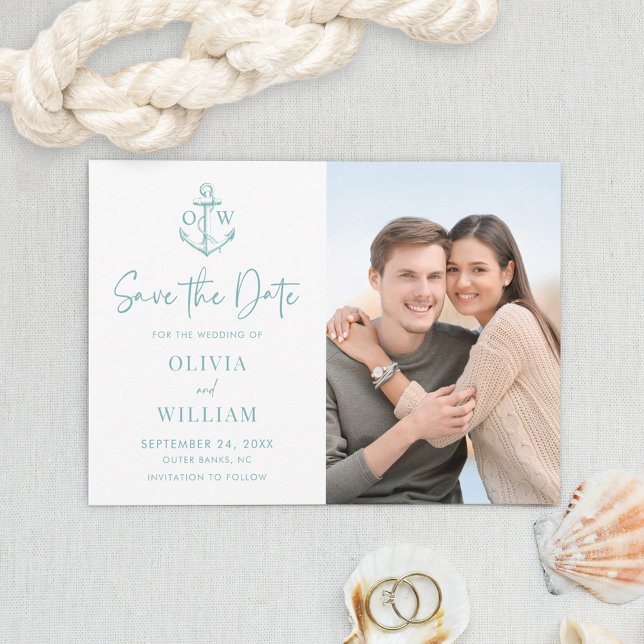 Nautical Anchor Monogram Aqua Blue Wedding Photo Save The Date (Creator Uploaded)