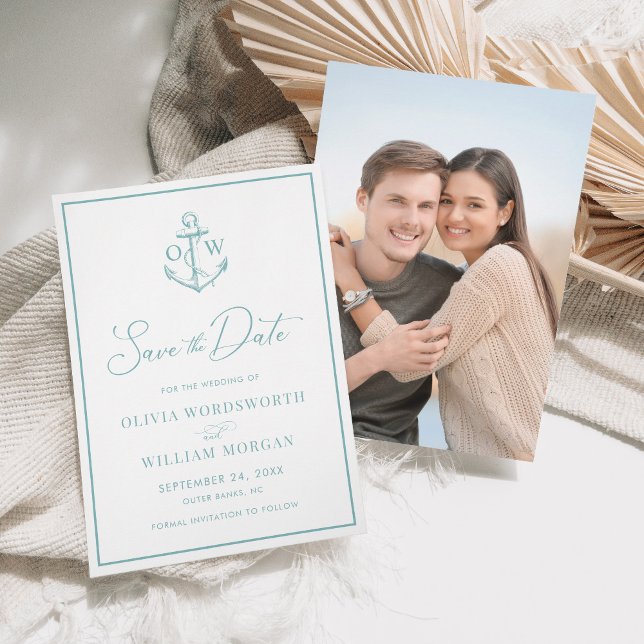 Nautical Anchor Monogram Aqua Blue Wedding Save The Date (Creator Uploaded)