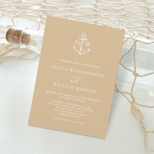 Nautical Anchor Monogram Beige Tan Wedding Invitation
