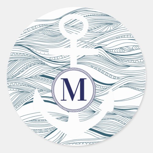 Nautical Anchor Monogram Classic Round Sticker