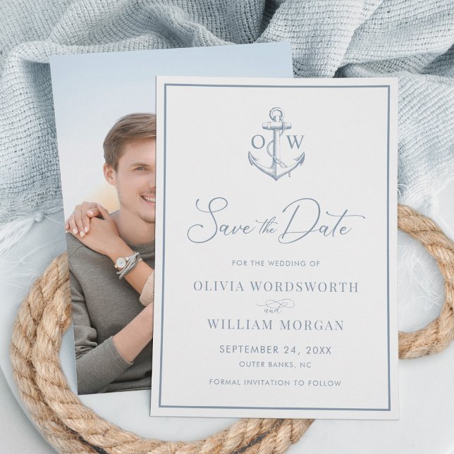 Nautical Anchor Monogram Dusty Blue Wedding Save The Date (Creator Uploaded)