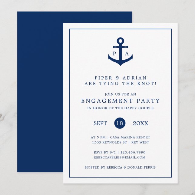 Nautical Anchor Monogram Engagement Party Invitation (Front/Back)