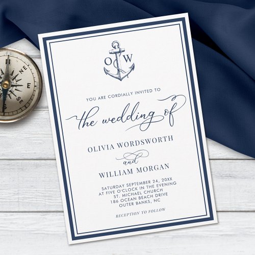 Nautical Anchor Monogram Frame Navy Wedding Invitation