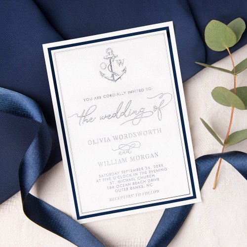 Nautical Anchor Monogram Frame Wedding Silver Foil Invitation