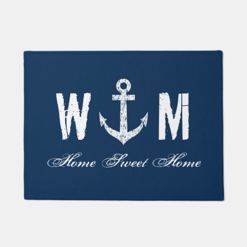 Nautical anchor monogram letter navy blue door mat