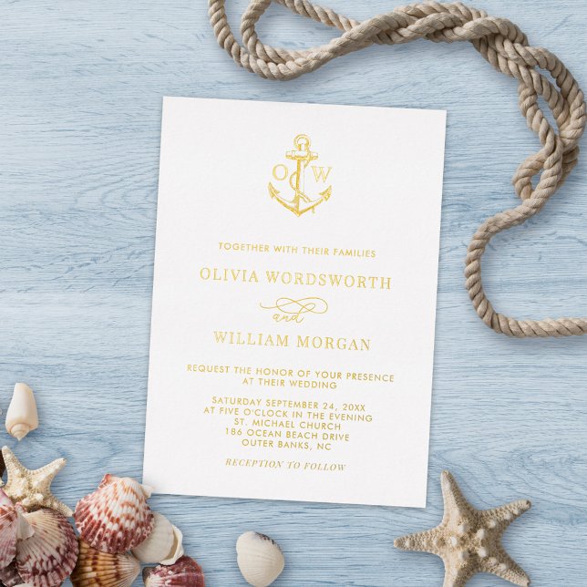 Nautical Anchor Monogram Minimal Wedding Foil Invitation (Creator Uploaded)