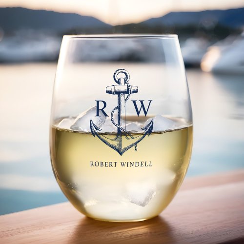 Nautical Anchor Monogram Navy Blue  Stemless Wine Glass