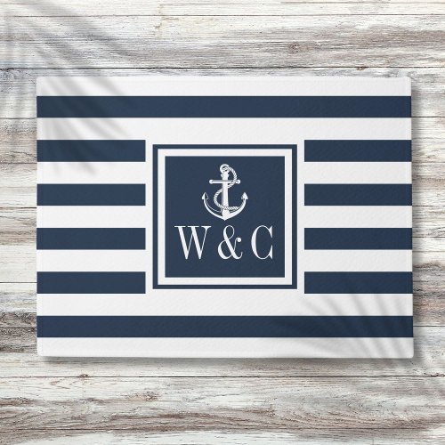 Nautical Anchor Monogram Navy Blue Stripe Doormat