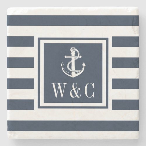 Nautical Anchor Monogram Navy Blue Stripe Stone Coaster
