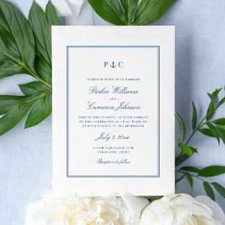 Nautical Anchor Monogram Navy Blue Wedding Invitation