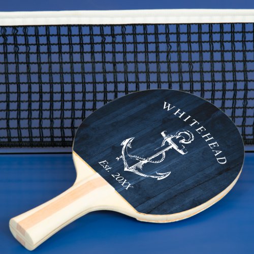 Nautical Anchor Monogram Navy Blue Wood Ping Pong Paddle