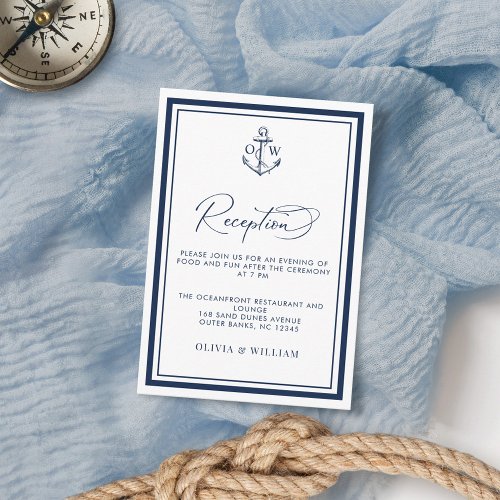 Nautical Anchor Monogram Navy Wedding Reception Enclosure Card