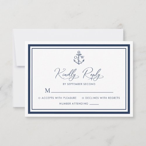 Nautical Anchor Monogram Navy Wedding RSVP Card