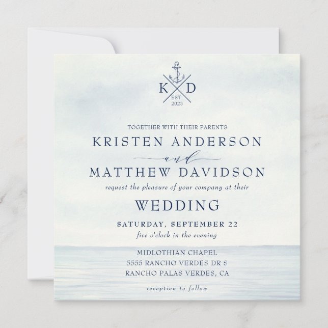Nautical Anchor Monogram Ocean Watercolor Wedding Invitation (Front)