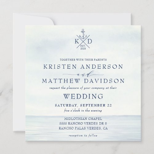 Nautical Anchor Monogram Ocean Watercolor Wedding Invitation