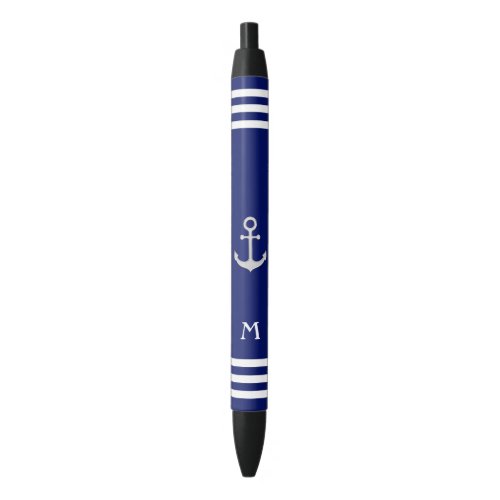 Nautical Anchor  Monogram on Blue Background Black Ink Pen