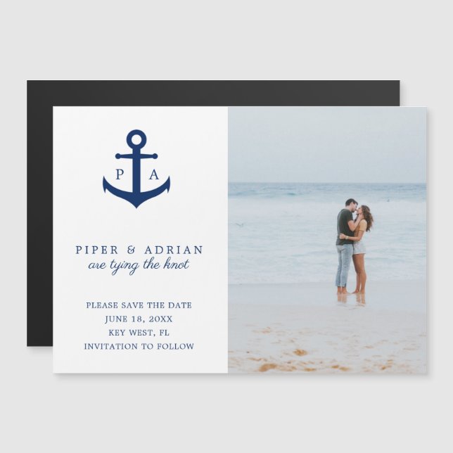 Nautical Anchor Monogram Photo Save the Date Magnetic Invitation (Front/Back)