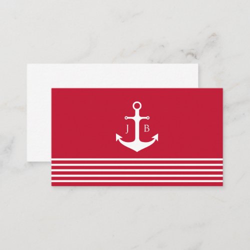 Nautical Anchor Monogram  Red White Stripe Business Card