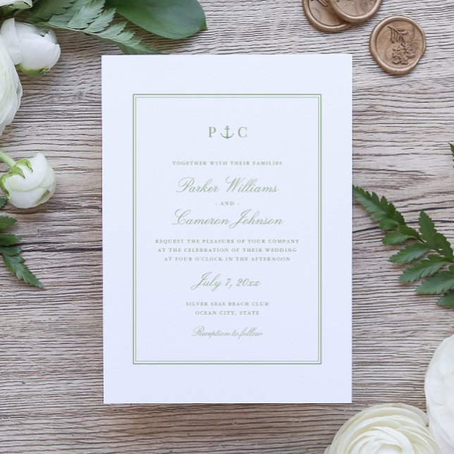 Nautical Anchor Monogram Sage Green Wedding Invitation (Nautical Anchor Monogram Wedding Invitation in elegant Sage Green by Coastal Map Designs)