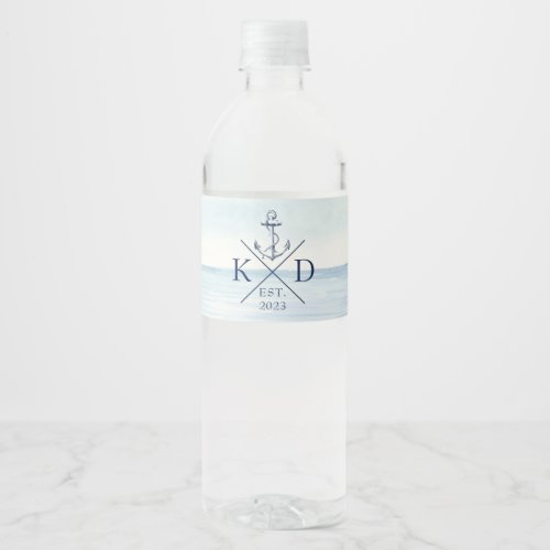 Nautical Anchor Monogram Watercolor Ocean Water Bottle Label