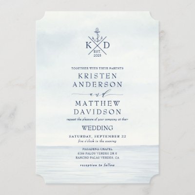 Nautical Anchor Monogram Watercolor Ocean Wedding Invitation