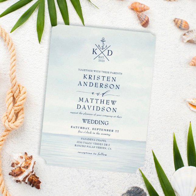 Nautical Anchor Monogram Watercolor Ocean Wedding Invitation (Creator Uploaded)