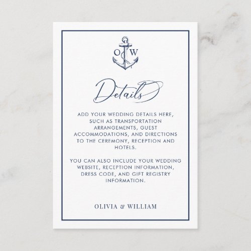Nautical Anchor Monogram Wedding Details Enclosure Card