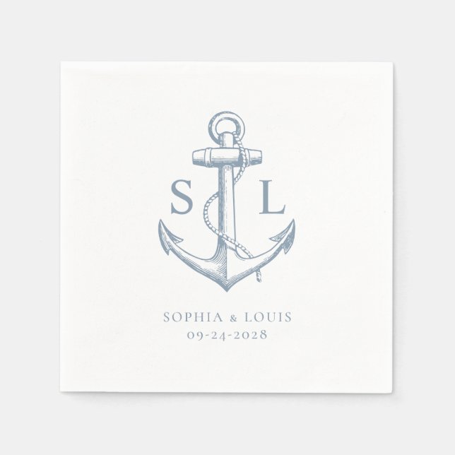 Nautical Anchor Monogram Wedding Dusty Blue Napkins (Front)