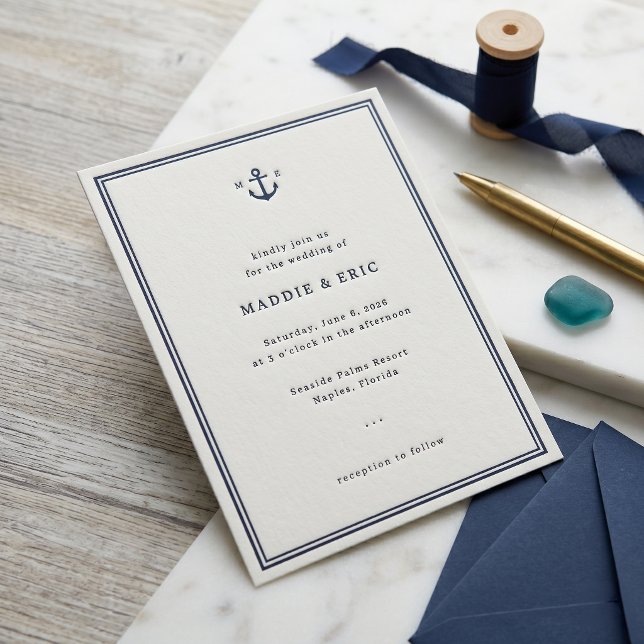 Nautical Anchor Monogram Wedding Letterpress Invitation (Creator Uploaded)