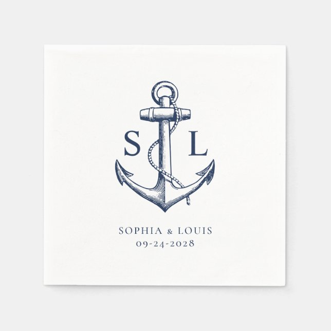 Nautical Anchor Monogram Wedding Navy Napkins (Front)
