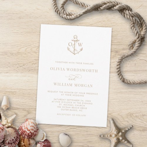 Nautical Anchor Monogram White Beige Wedding Invitation