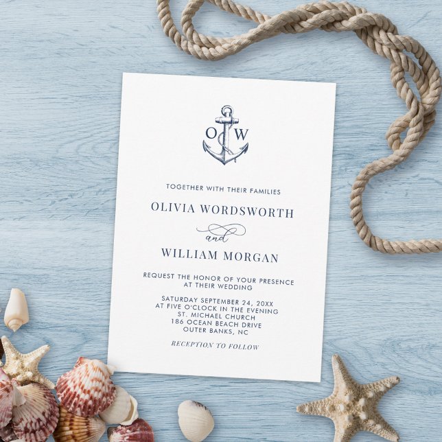 Nautical Anchor Monogram White Navy Simple Wedding Invitation (Creator Uploaded)