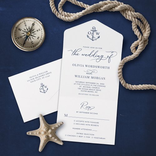 Nautical Anchor Monogram White Navy Wedding All In One Invitation