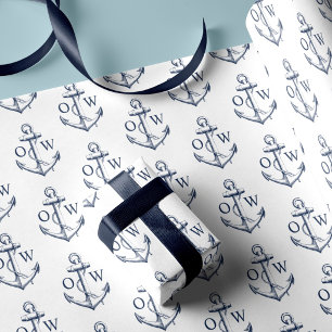 Nautical Anchor Monogram White Navy Wrapping Paper