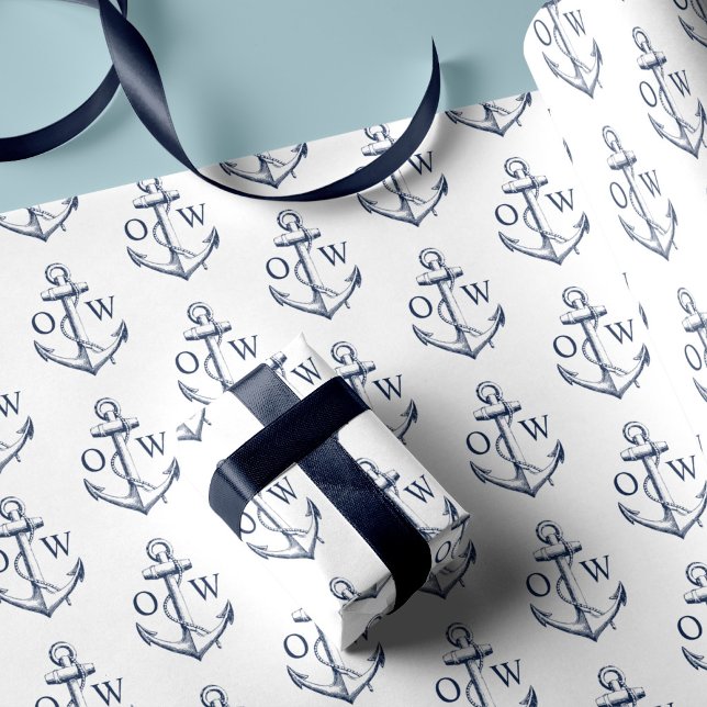 Nautical Anchor Monogram White Navy  Wrapping Paper (Creator Uploaded)