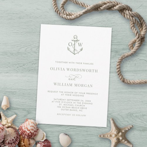 Nautical Anchor Monogram White Sage Simple Wedding Invitation
