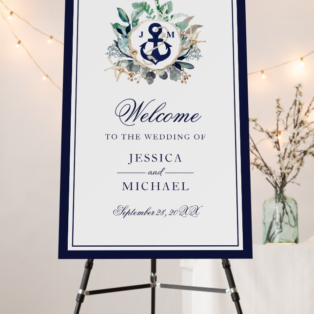 Nautical Anchor Monogram Wreath Navy Wedding Foam Board (In Situ (Stand))