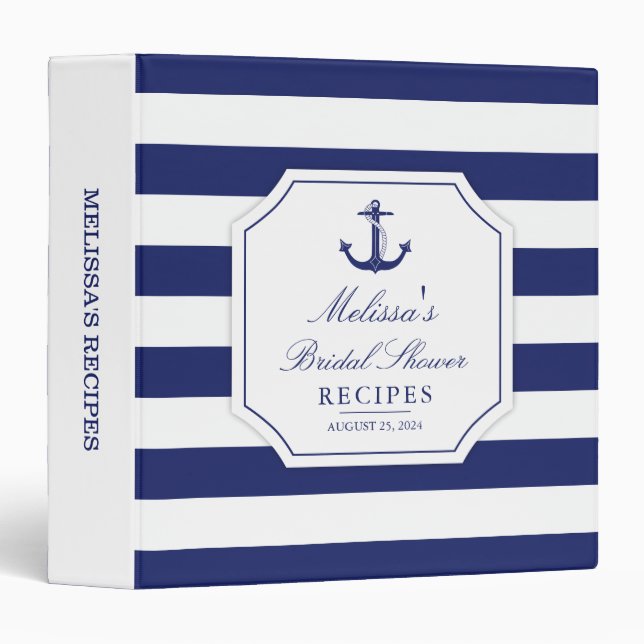 Nautical Anchor Monogrammed Bridal Shower Recipe 3 Ring Binder (Front/Spine)