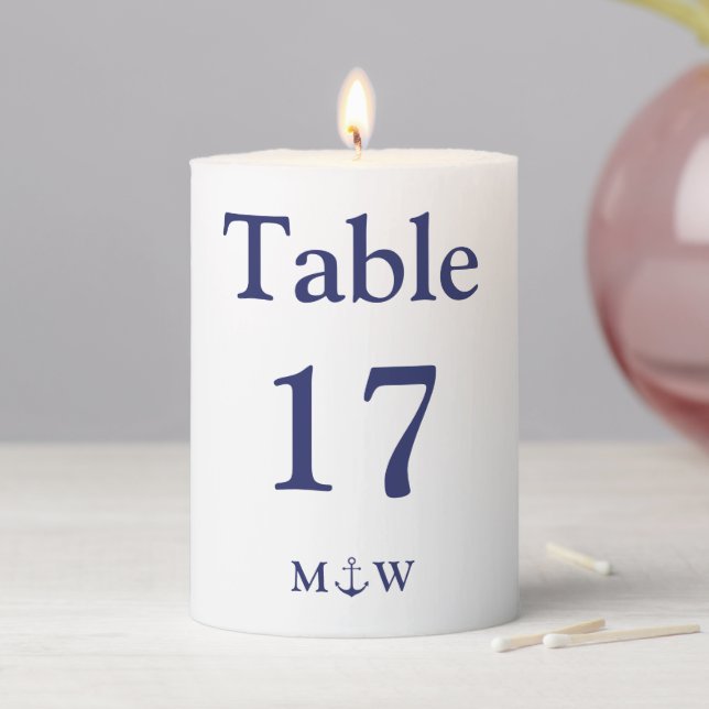 Nautical anchor monogrammed Wedding table number  Pillar Candle (In Situ)